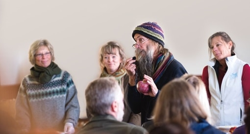 Zeke Goodband speaks at Heirloom Apple Day at Scott Farm Orchard in Dummerston VT